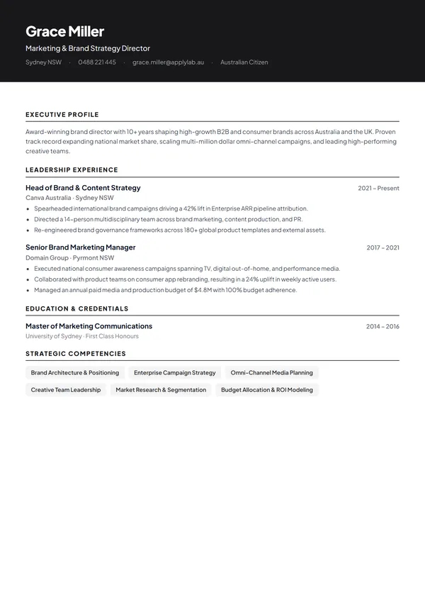 Editorial executive ATS resume template with dark header band