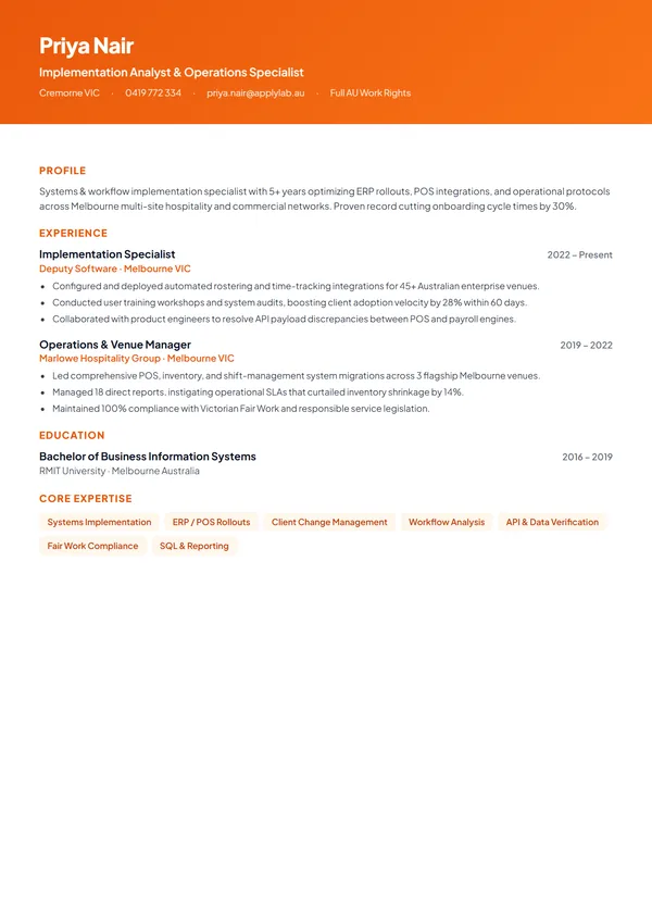 Modern design-forward resume template with orange header band