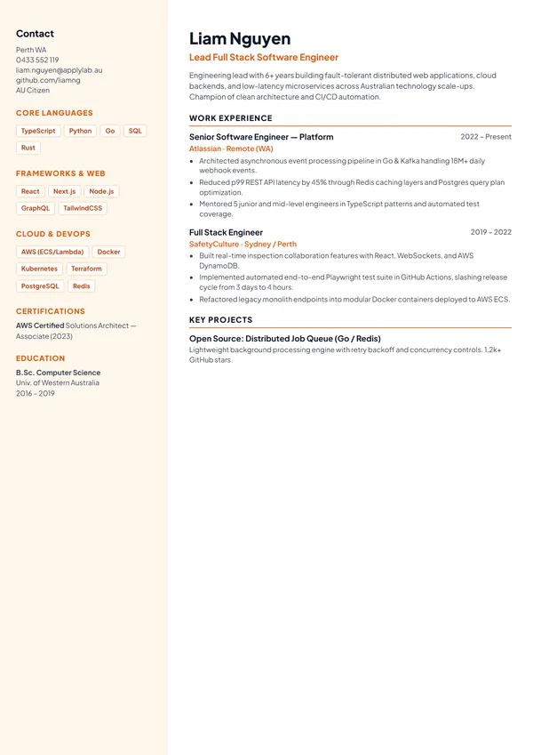 Technical two-column ATS resume template with skills sidebar